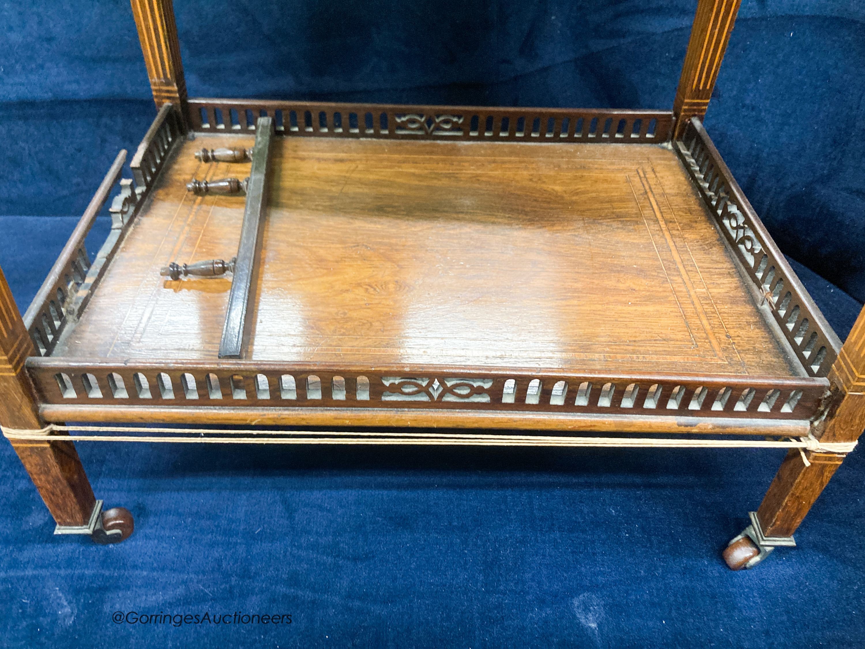 A late Victorian inlaid rosewood drop flap occasional table, extended 85cm D.39cm H.67cm